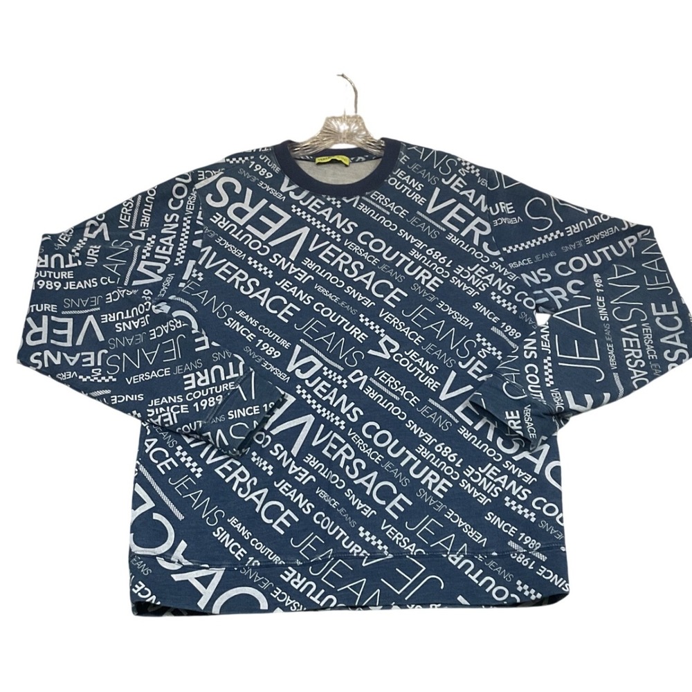 Auth Versace Jeans Sweatshirt Blue AOP‎ Logo Monogram SZ M  Italy